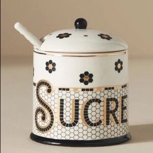 Anthropologie Bistro Tile Stoneware Le Sucre / Sugar Bowl Lid & Spoon Mosaic NWT